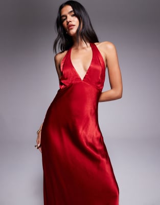 Bardot Magdalene Satin Halter Dress In Red
