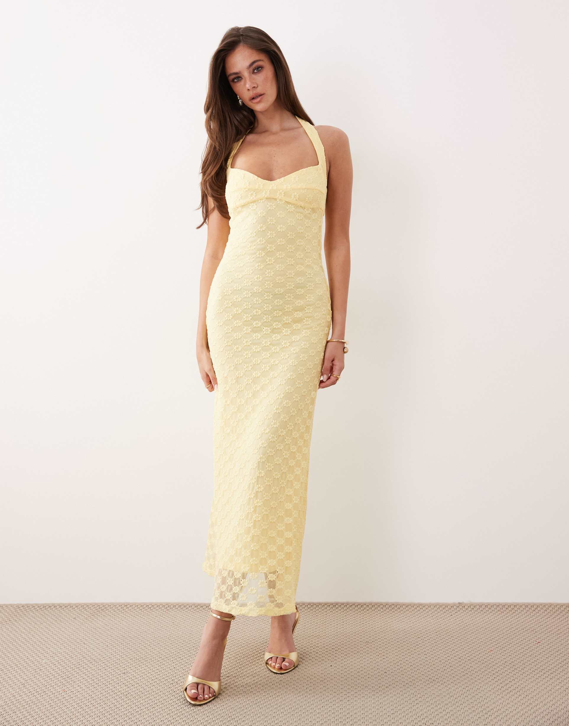 bardot mariko cotton blend floral embroidered lace halterneck maxi dress in lemon