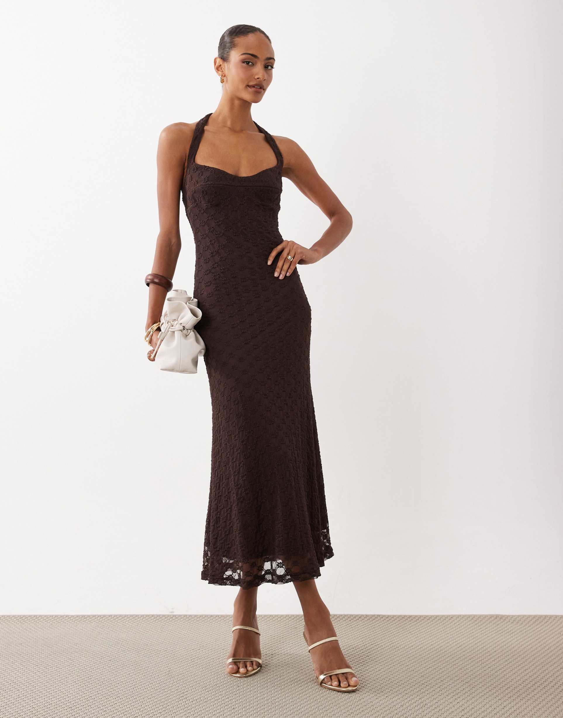 bardot mariko halter neck floral embroidered lace cotton blend midaxi dress in dark chocolate