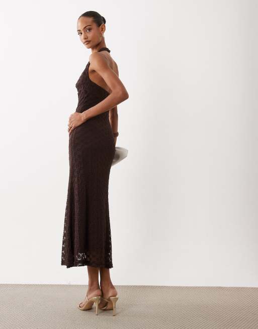 Bardot - Mariko - Robe longue dos nu en coton mélangé à fleurs brodées en dentelle - Chocolat foncé, 3 de 4
