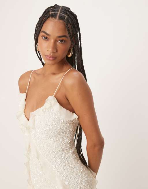 Bardot marsella ruffle midi dress in ivory | ASOS