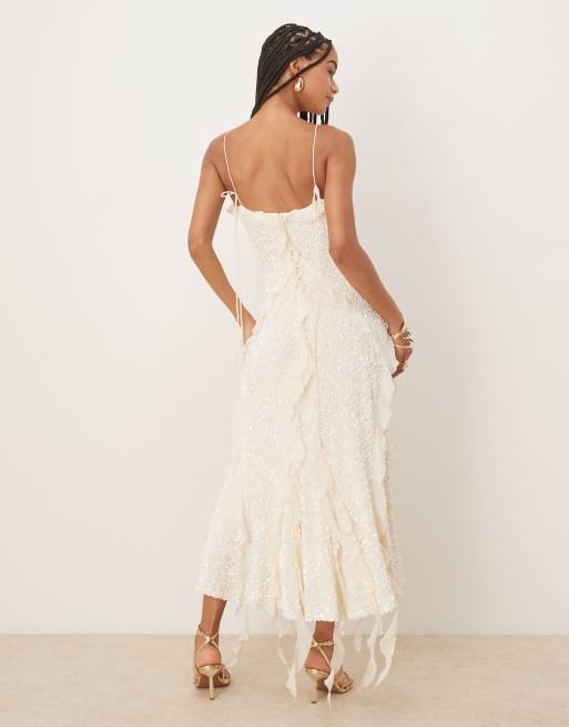 Bardot marsella ruffle midi dress in ivory | ASOS