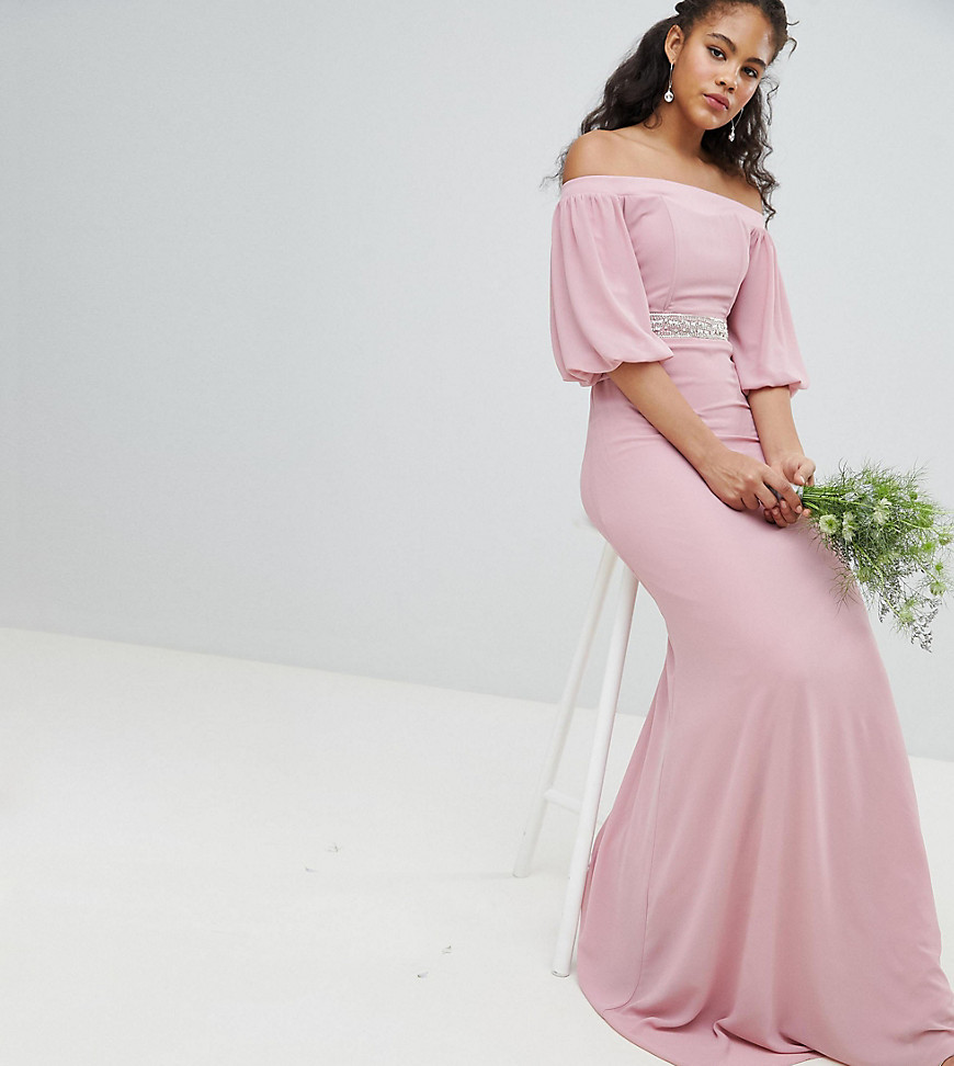 Bardot maxi brudepigekjole med drama ærmer og dekoreret talje fra TFNC Tall-Pink