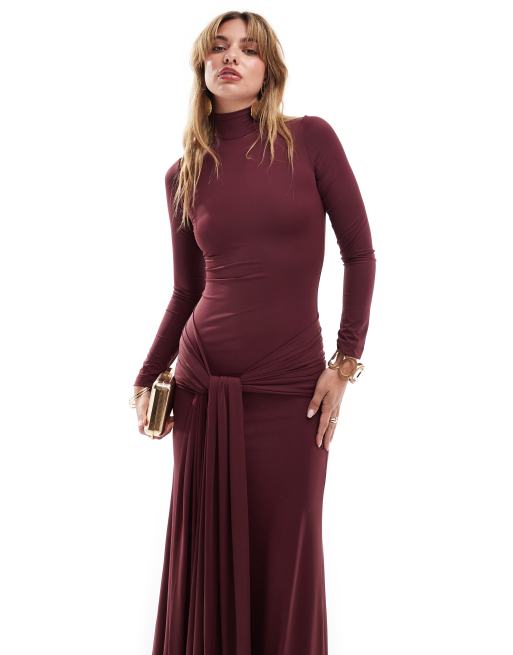 Bardot tie front maxi dress in plum 