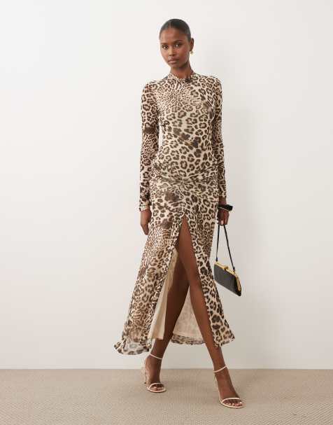 Bardot mesh crew neck high split midi dress in leopard print - view 1