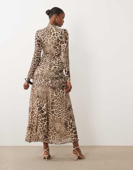 Bardot mesh crew neck high split midi dress in leopard print, 4 of 4