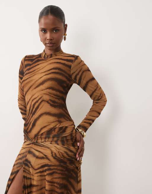 Bardot mesh high neck long sleeve ruched waist high split maxi dress in tiger print, 2 of 4