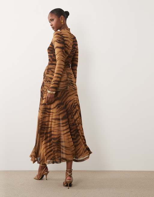 Bardot mesh high neck long sleeve ruched waist high split maxi dress in tiger print, 4 of 4