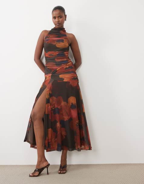 Bardot mesh high neck ruched side thigh slit maxi dress in abstract floral print - view 1