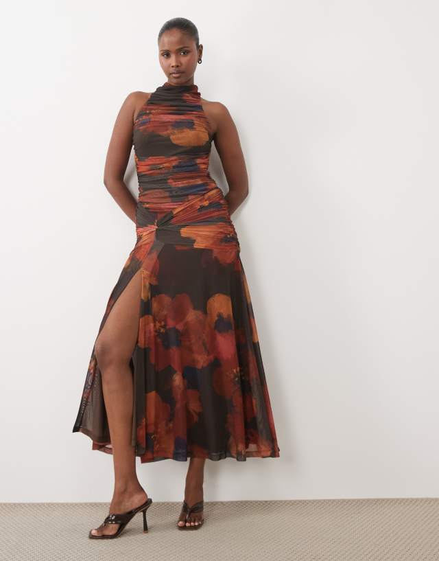 orange mesh marble print ruched bodycon dress Bardot high neck side thigh slit maxi in abstract floral Bodycon mini dress