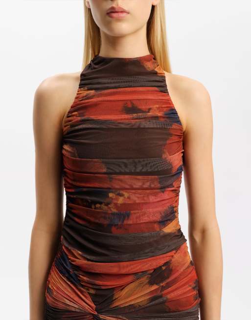 Bardot mesh high neck ruched side thigh slit maxi dress in abstract floral print, 2 of 6