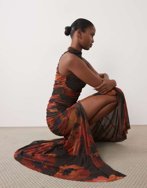 Bardot mesh high neck ruched side thigh split maxi dress in abstract floral print, 2 of 4