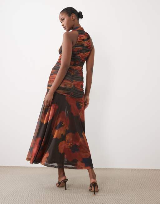 Bardot mesh high neck ruched side thigh split maxi dress in abstract floral print, 4 of 4