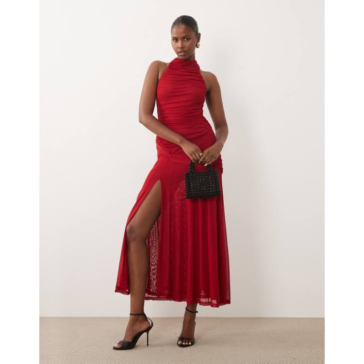 red thigh high slit dress Bardot mesh neck ruched side split maxi in deep cherry double thigh high slit dress