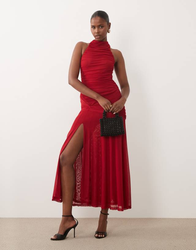 Bardot mesh high neck ruched side thigh split maxi dress in deep cherry