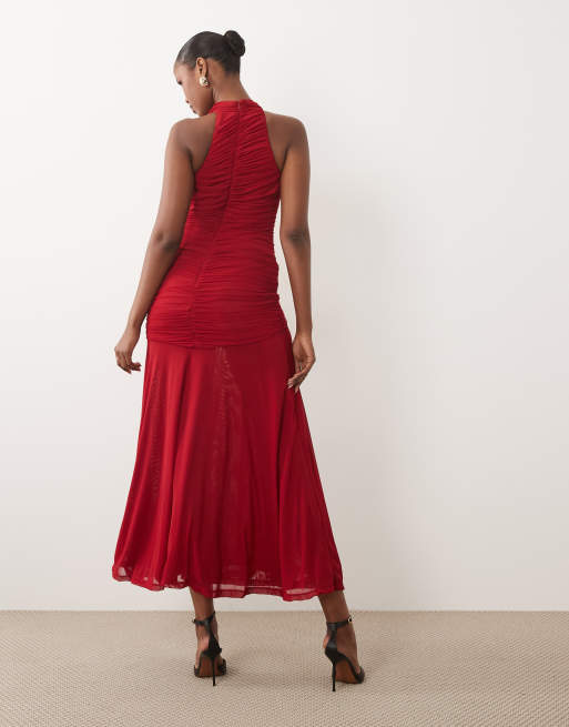 Bardot mesh high neck ruched side thigh split maxi dress in deep cherry, 4 of 4