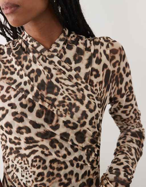 Bardot mesh long sleeve bodysuit in leopard print, 3 of 4