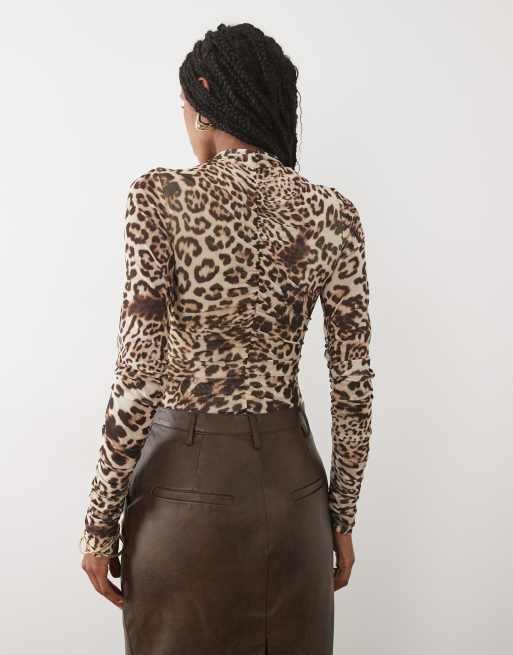Bardot mesh long sleeve bodysuit in leopard print, 4 of 4