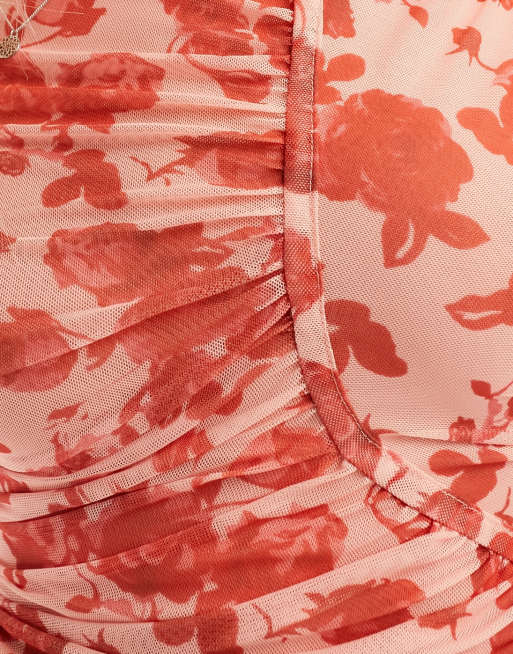 Bardot mesh midi dress in red floral | ASOS