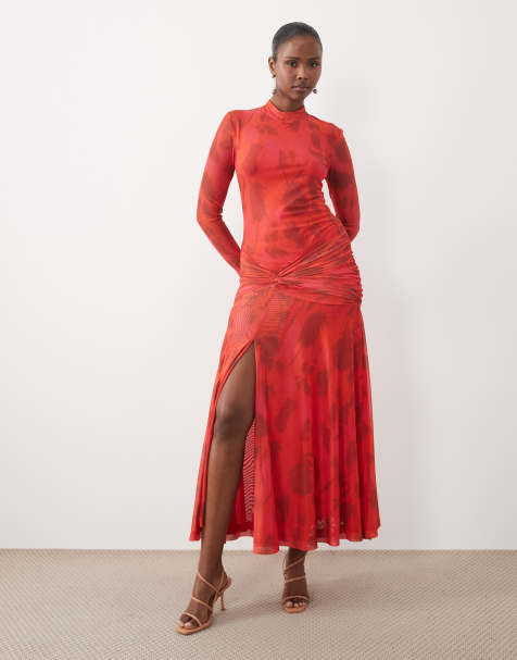 Bardot mesh mock neck high split maxi dress in red floral print - view 1
