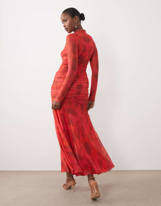 Bardot mesh mock neck high split maxi dress in red floral print, 3 of 4
