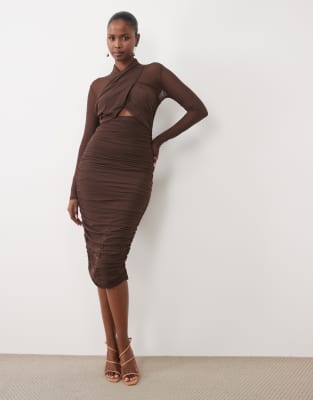Bardot Mesh Twist Neck Cut Out Ruched Midi Dress In Multi