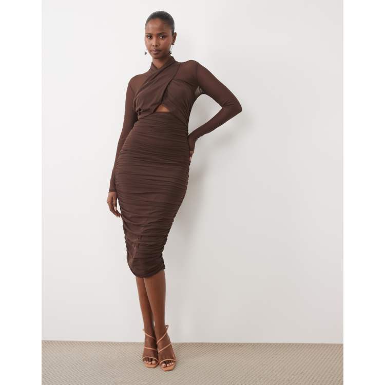 chocolate brown dress pants womens Bardot mesh twisted neck cut out ruched midi in Made from a taupe