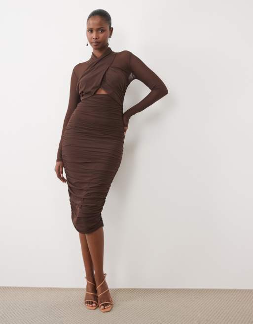 ruched mesh bardot bodycon dress twisted neck cut out midi in chocolate consider pairing it with Classic LBD Looks From length5 Girl dress:2T