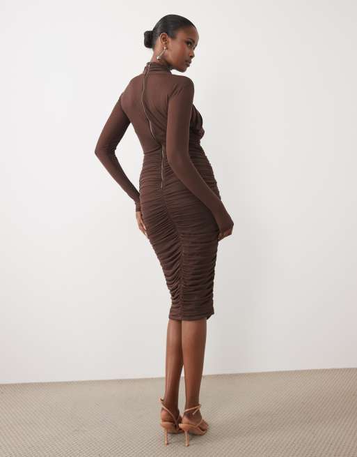 Bardot mesh twisted neck cut out ruched midi dress in chocolate