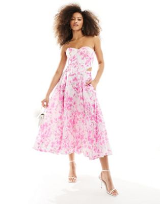 Bardot midi skirt co ord in pink floral