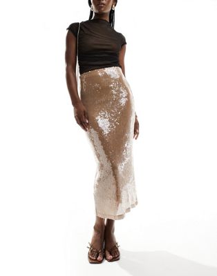 midi skirt in cream glazed sequin-White