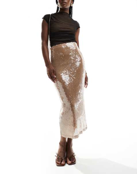Bardot sequin midi skirt is cream glazed sequin