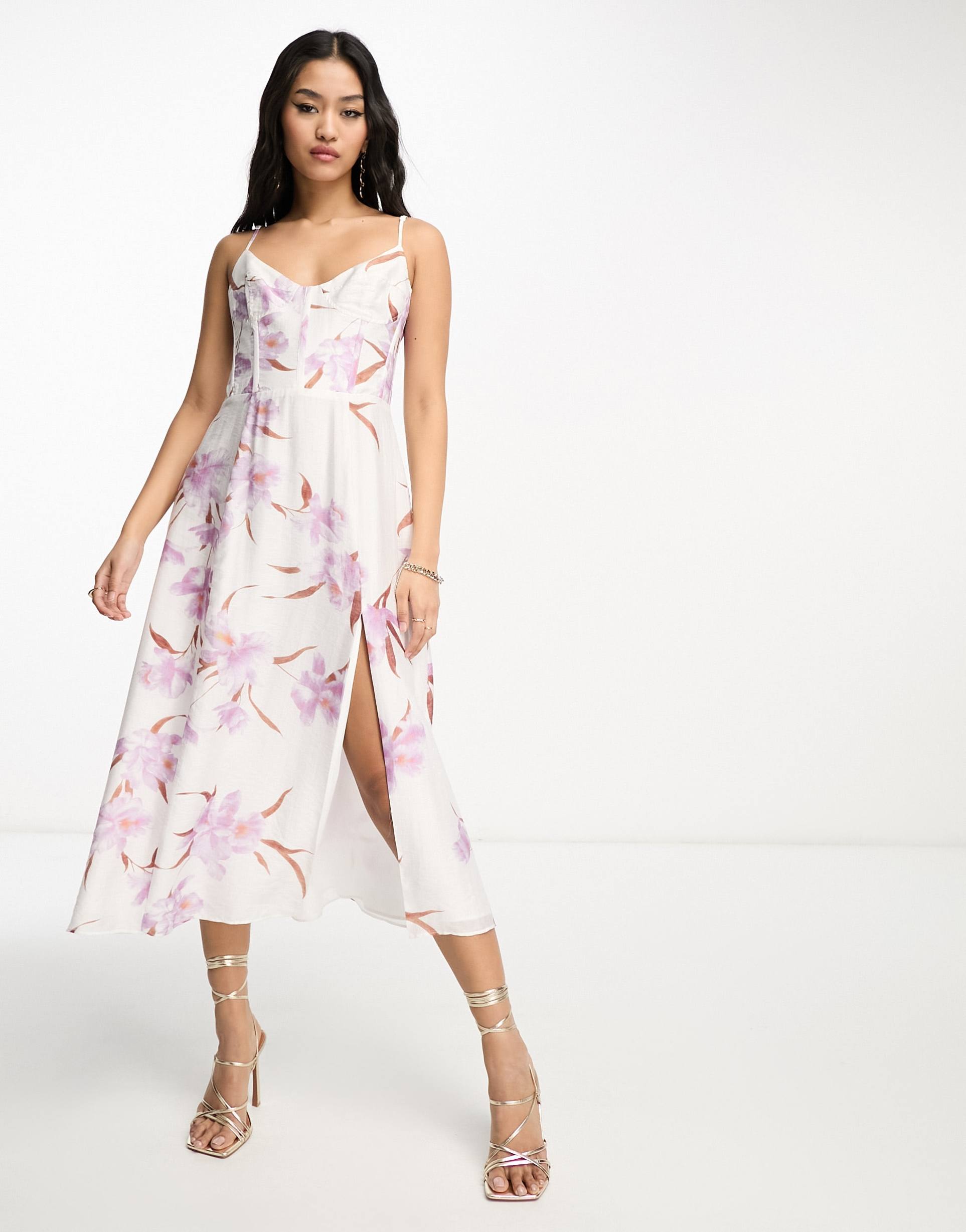 bardot midi slip dress in ivory floral