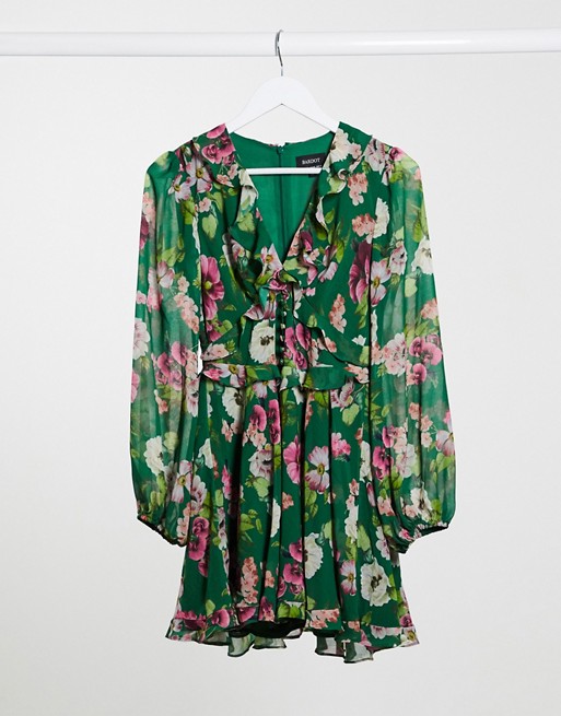 Bardot mini chiffon dress in green floral print