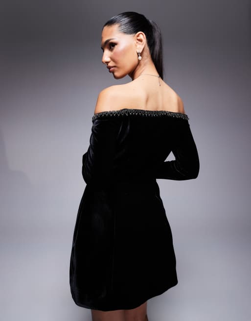 Bardot – Nadene – Langärmliges Minikleid in Schwarz mit Carmen-Ausschnitt und Borte, 4 von 4