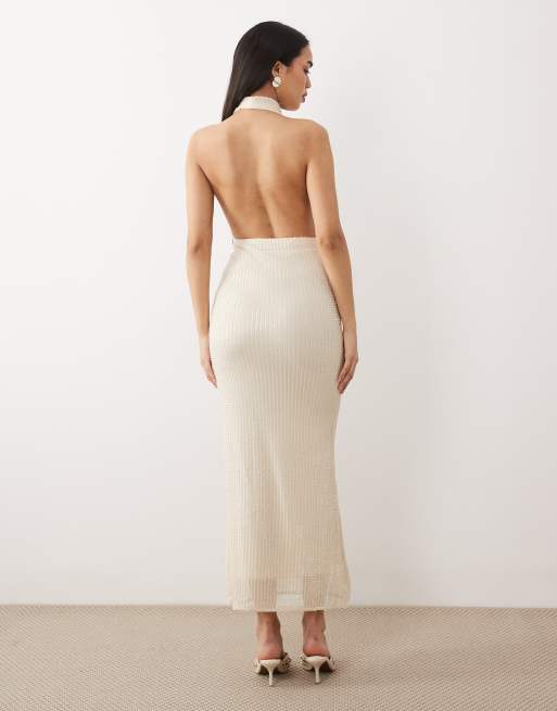 Bardot Nola low plunge cowl neck open back sequined midaxi dress in cream, 4 of 4