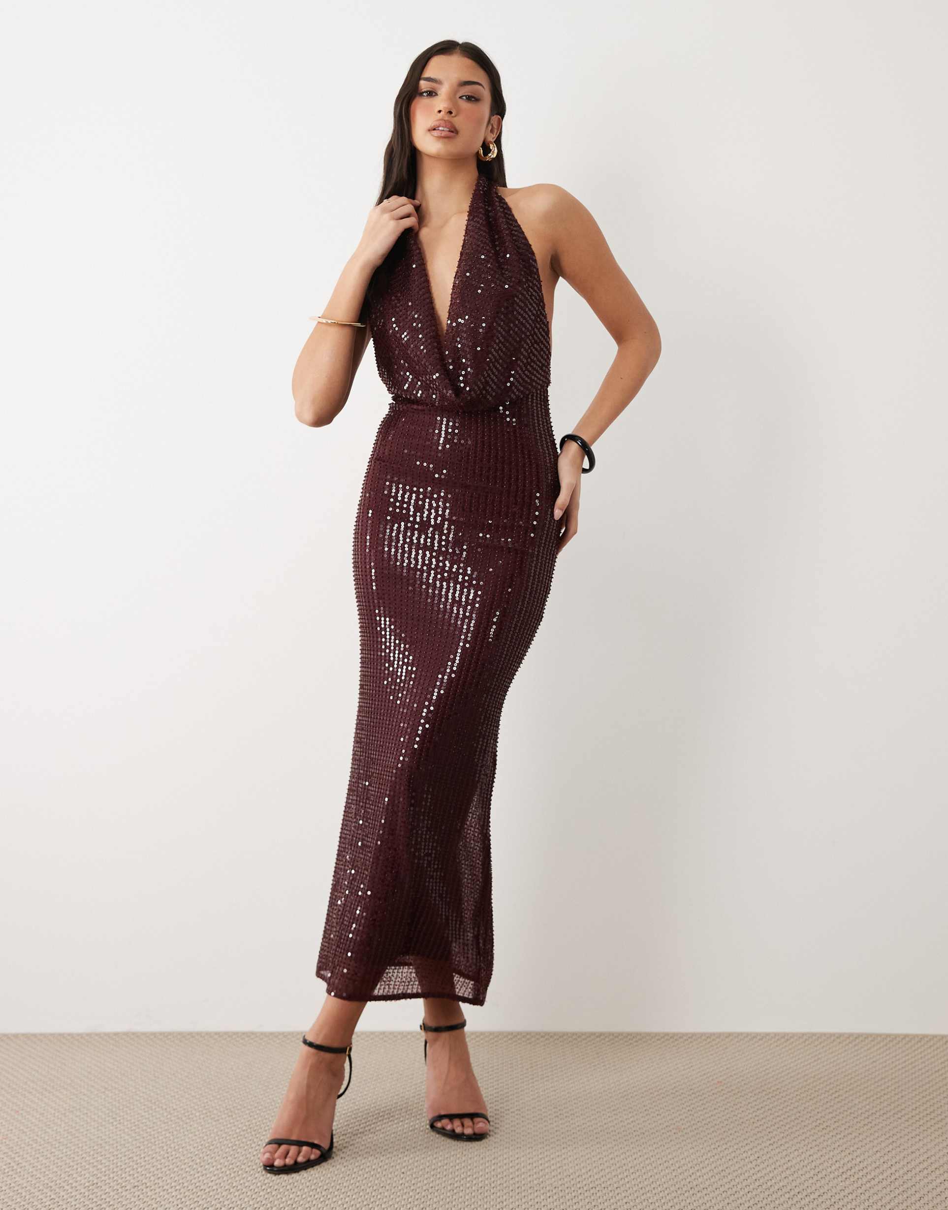 bardot nola sequin plunge cowl neck midi dress in deep plum