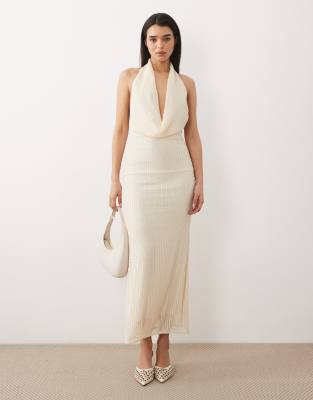 Bardot Nola Beaded Sequin Cowl Halter Maxi Dress In Neutral