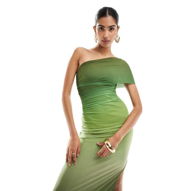 Bardot off shoulder ombre mesh midaxi dress in green