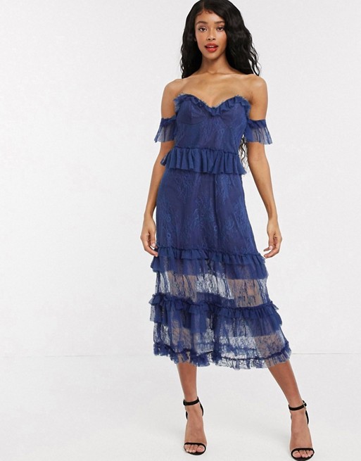 Bardot off shoulder premium lace midi dress in blue