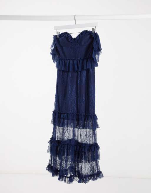 Bardot off shoulder premium lace midi dress in blue