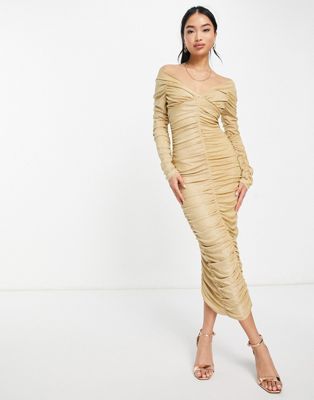 Bardot off shoulder ruched mini dress in metallic gold knit