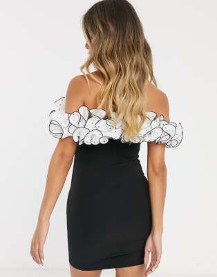 bardot ruffle mini dress