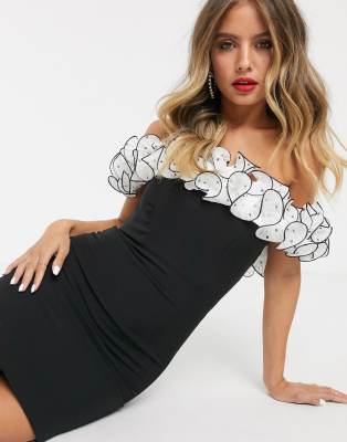 bardot ruffle mini dress