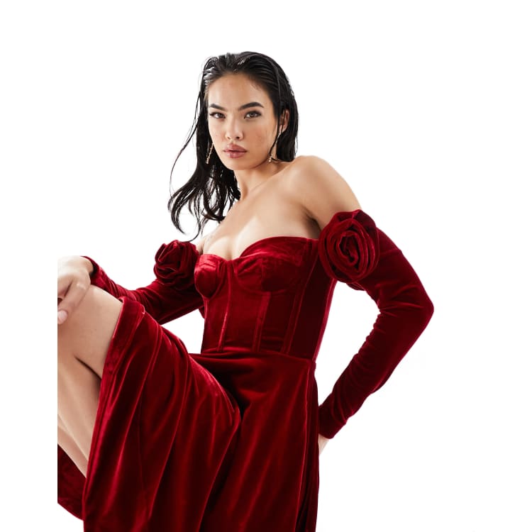 Bardot off shoulder velour mini dress in red