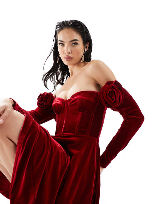 Bardot off shoulder velour mini dress in red