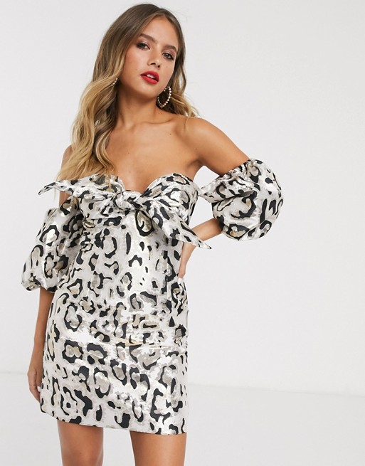 Bardot off the shoulder puff sleeve mini dress in leopard print