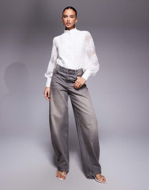 Bardot Olessia cotton lace high neck balloon sleeve shirt in white, 2 of 4