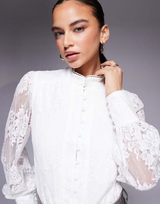 Bardot Olessia cotton lace high neck balloon sleeve shirt in white, 3 of 4