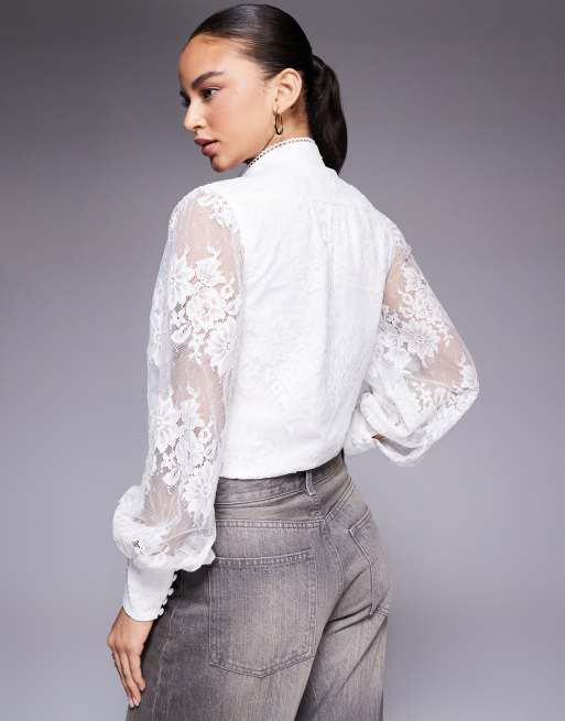 Bardot Olessia cotton lace high neck balloon sleeve shirt in white, 4 of 4